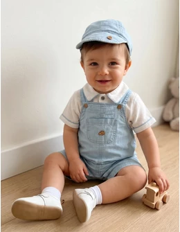 Set vara, salopeta, camasa, sepcuta, alb-albastru