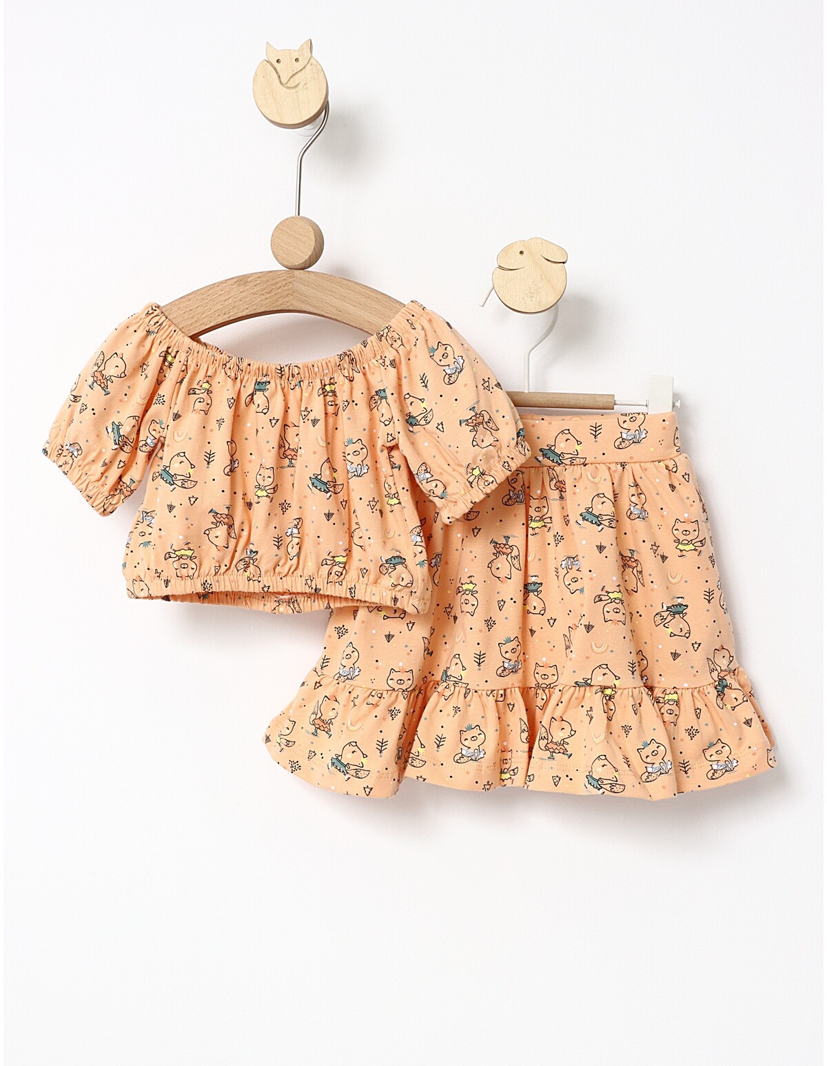 Set vara Top Crop bluza si fustita corai