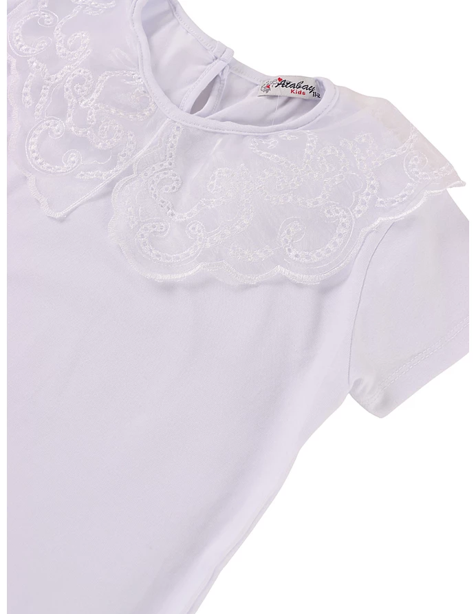 Tricou din bumbac, alb cu guler brodat picture - 4