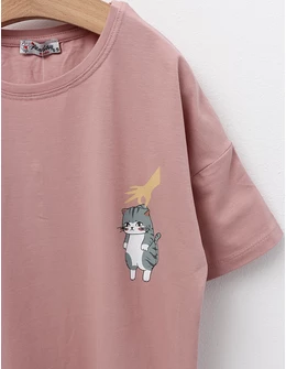 Tricou Lazy Cat, model roz-prafuit