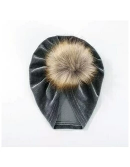 Turban catifelat albastru-gri cu blanita artificiala
