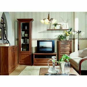 Living Sonata 2, Set Mobilier Elegant Cu Vitrină, Comodă, Polite Și Spații Depozitare, MDF/PAL, Castan