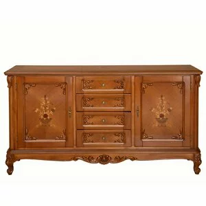 Bufet 2 uși și 4 sertare Principesa, compartimentare practică, lemn masiv paltin + MDF furniruit, 177.5x54x90 cm, nuc