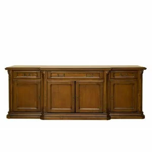 Bufet Sonia cu 4 uși din lemn masiv fag, panel și MDF, furniruit cu furnir de nuc, 229,5x56,5x83,5 cm