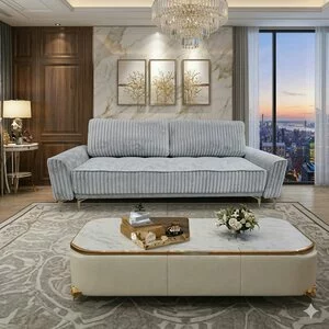 Canapea extensibilă Baroc, culoare personalizabila - 245x104 cm, design elegant cu tetiere opționale și perne incluse, ladă de depozitare și spătar rabatabil, structură din fag masiv