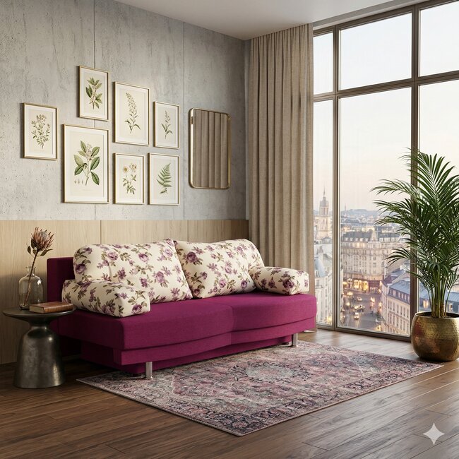 Canapea extensibilă Denisa, roz - 192 cm, suprafata de dormit - 140x192 cm, perne detașabile