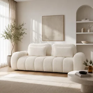 Canapea Extensibilă 3 Locuri Pamela - Design Grid Puffy, Textură Bouclé, 235x95 cm