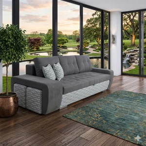 Canapea extensibilă Mara, design modern cu tabureți integrați și ladă de depozitare, burete gros și structură din fag masiv, 250x192 cm, culoare personalizabilă