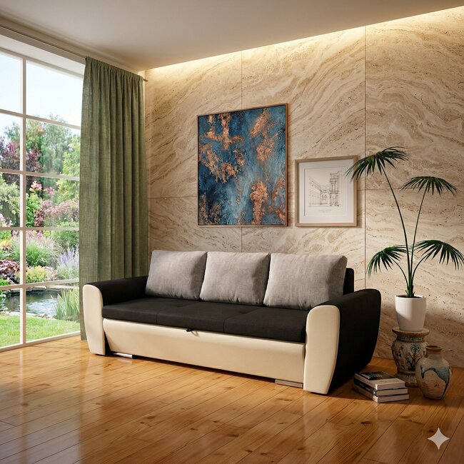 Canapea extensibilă Salsa, culoare personalizabila - 242x192 cm, cusături decorative și ladă de depozitare, confort sporit și structură din fag masiv