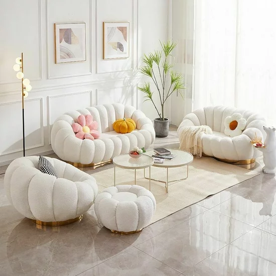 Canapea Fixă 3 Locuri Daisy - Design Organic Rotund, Stil Pumpkin, Bază Aurie, 180x75 cm picture - 6