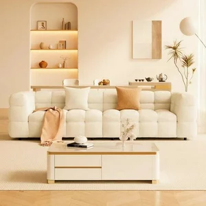Canapea Fixă 3 Locuri Lina - Design Cubist Organic, Stil Bubble Capitonat, Bouclé Alb 235*95*75