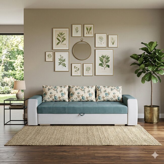 Canapea extensibilă Lara, gri -240 cm, suprafata de dormit 140x192 cm, cusături ornamentale, brate detașabile