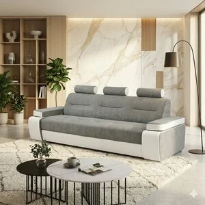Canapea extensibilă Melisa Modern, gri - 244 cm, tetiere fixe, brațe reglabile, ladă depozitare