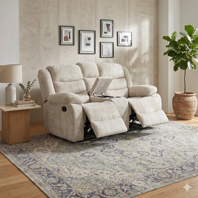 Canapea recliner Relax 2 locuri gri, catifea, suport picioare, pahare și spațiu depozitare, design ergonomic