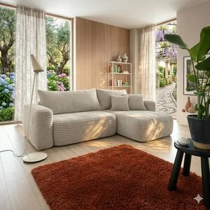 Colțar extensibil Billy, ladă de depozitare, stofă premium raiata, pațiu de dormit generos, dimensiuni 264 x 162 x 82 cm