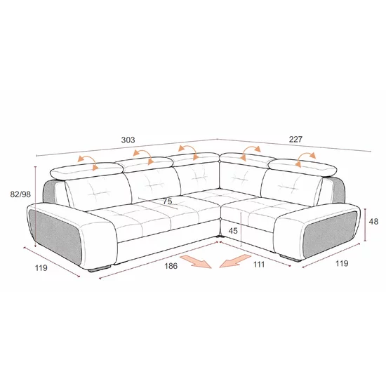 Colțar extensibil Blood Mare, culoare personalizabila - 303x227 cm, funcție sertar și tetiere rabatabile picture - 6