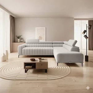 Coltar extensibil GANDI 140, 281X204X99 cm,  sezlong dreapta, stofa catifelata crem gama Premium, cu lada depozitare si tetiere reglabile