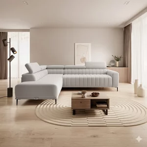 Coltar extensibil GANDI 160, 301X204X99 cm, sezlong stanga, stofa catifelata gama Premium, cu lada depozitare si tetiere reglabile