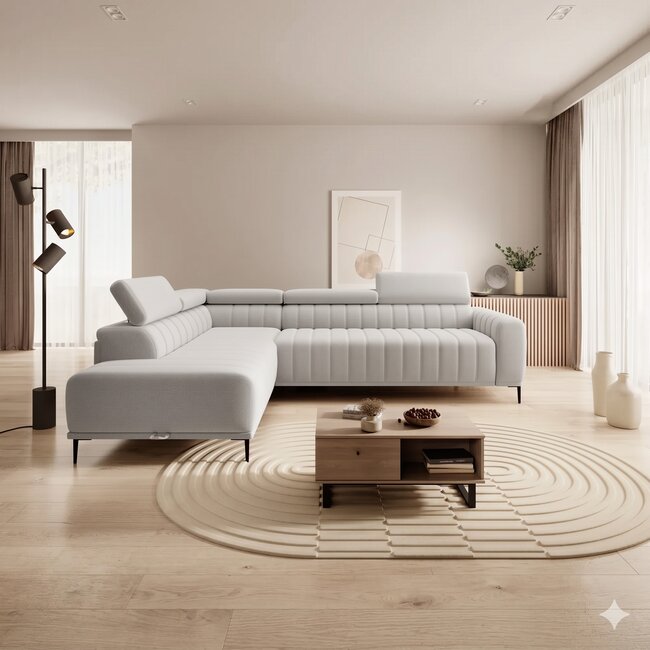 Coltar extensibil GANDI 160, 301X204X99 cm, sezlong stanga, stofa catifelata gama Premium, cu lada depozitare si tetiere reglabile