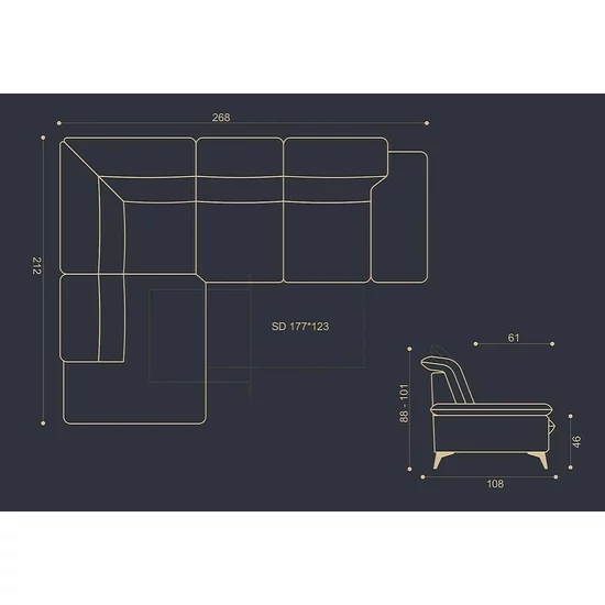 Colțar extensibil Lora, culoare personalizabila - 268x212 cm, tetiere rabatabile, cadru lemn esență tare și PAL, arcuri sinusoidale și poliuretan, picioare metalice H 12,3 cm picture - 9