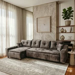 Colțar Roma Tip 2 extensibil, gri- 342x166 cm, ladă depozitare, stofă premium