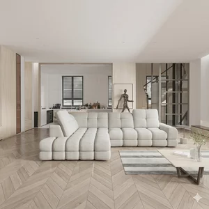 Coltar extensibil TOLLO L, 302X217X105 cm, sezlong stanga, stofa buclata alb cu lada depozitare si reglaj electric