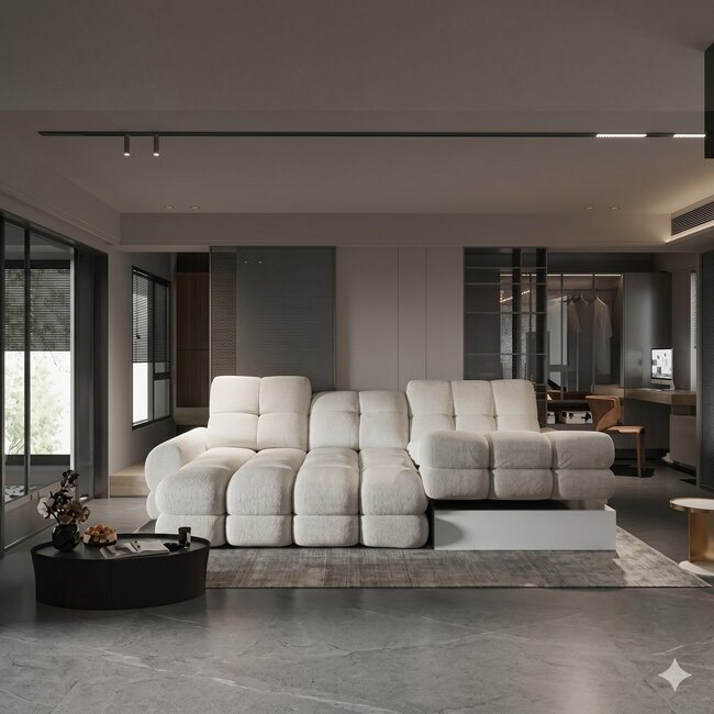 Coltar extensibil TOLLO MINI, 283X171X105 cm, sezlong dreapta, stofa catifelata, cu lada depozitare si reglaj electric