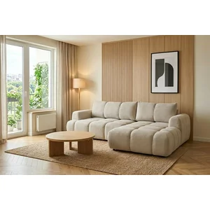 Colțar Ibiza extensibil, ladă depozitare, brațe reglabile, arcuri ondulate, 276x176x85 cm, crem