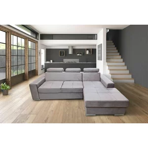 Colțar Leone extensibil, tetieră reglabilă, ladă depozitare, suprafață dormit 130x200 cm, 248x165 cm, gri