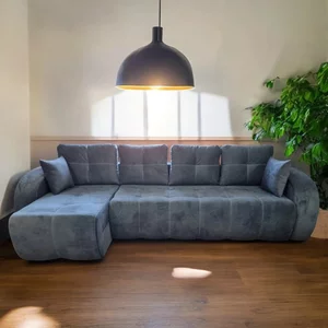 Colțar Madrid Tip 2 extensibil, cu ladă de depozitare, tapițerie stofă, saltea poliuretanică, structură fag, 305x150 cm