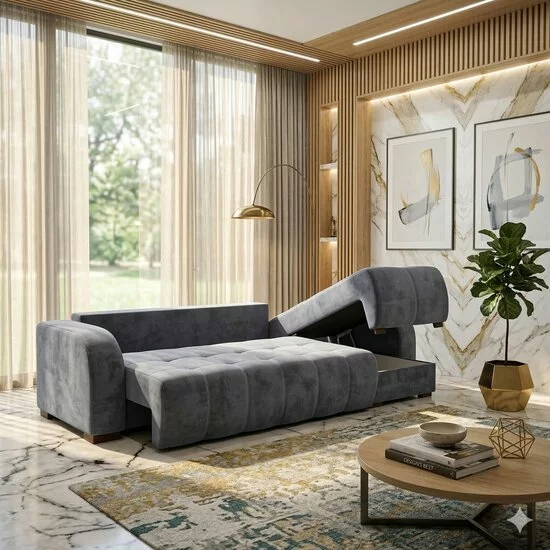 Colțar Madrid Tip 2 extensibil - 305x150 cm, cu ladă de depozitare, tapițerie stofă, saltea poliuretanică, structură fag picture - 2