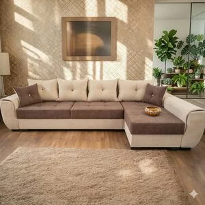 Colțar Milano Tip 2 extensibil, bej - 334x165 cm, ladă depozitare, stofă premium