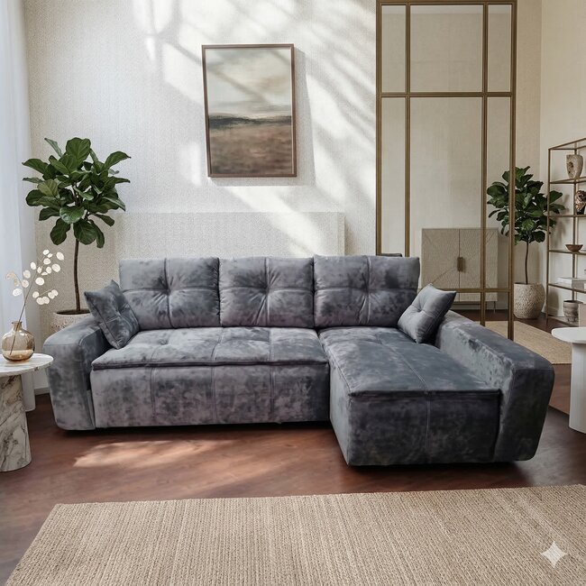 Colțar Roma Tip 1 extensibil, gri - 257x166 cm, ladă depozitare, stofă premium