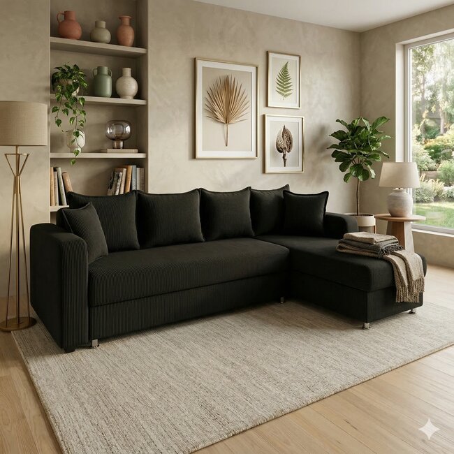 Colțar Royal, 3 locuri, culoare personalizabila - 305x195x85 cm, suprafață dormit 160x220 cm, extensibil cu ladă de depozitare, stofa matlasată Lux, arcuri bonell