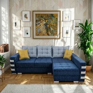 Colțar Oslo Tip 1 extensibil, culoare personalizabila - 240x165 cm, ladă de depozitare, tapițerie stofă, saltea cu memorie, structură din lemn fag