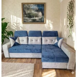 Colțar Viena Tip 1 extensibil, albastra - 264x168 cm, tetieră reglabilă, ladă depozitare