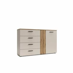 Comodă FREZO 1D4S FR02 – Comodă modernă cu 4 sertare și o ușă, riflaj decorativ, 139 cm
