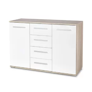 Comodă Lima KM-4, design modern, PAL laminat lucios, 116x40x82 cm, alb-Sonoma