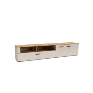 Comodă TV Frezo FR01, Lungime 180 cm, Beige/Stejar, 1 Sertar, 2 Uși și Rafturi