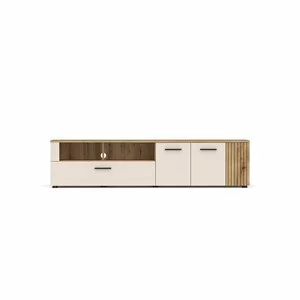 Comodă TV Frezo FR01, Lungime 180 cm, Beige/Stejar, 1 Sertar, 2 Uși și Rafturi