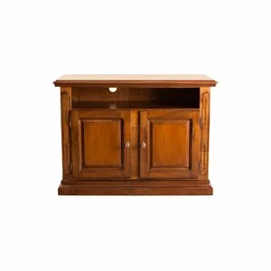 Comodă TV Mara din lemn masiv fag, panel și MDF, furniruit cu furnir de nuc, 122x52x88 cm