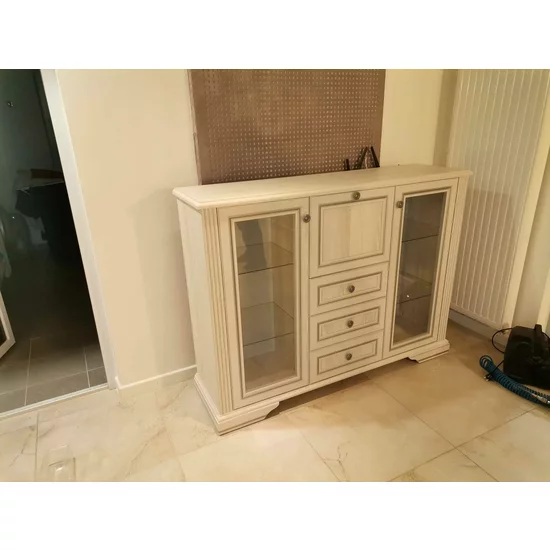 Comodă White 2W3S1B, 2 uși vitrate, 3 sertare și bar integrat, MDF și PAL melaminat, mânere metalice, 161x45x119 cm, frasin alb/pin argintiu picture - 9
