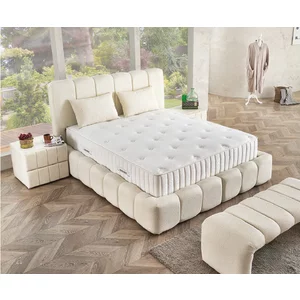 Pat + Saltea gratis Marshmallow , culoare MK-2920 crem - 140/200 cm, cu somiera rabatabila, lada de depozitare si tesatura premium
