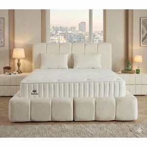 Pat + Saltea gratis Marlow, culoare crem - 140/200 cm, cu somiera rabatabila, lada de depozitare si tesatura premium