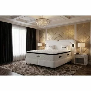 Set pat+Saltea Gratis tapițat Orina 140x200 cm crem cu somieră rabatabilă si  ladă depozitare