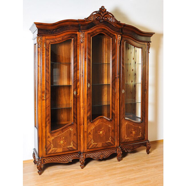 Cristalier Milly cu 3 uși din lemn masiv fag, panel și MDF, furniruit cu furnir de nuc, 177,6x56x230 cm