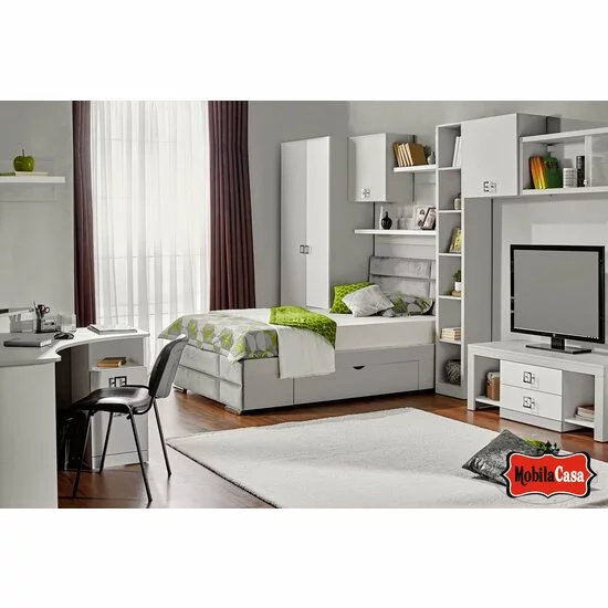 Dormitor Amigo, Modular Cu Pat Tapițat Și Dulap, PAL Melaminat, Gri picture - 4