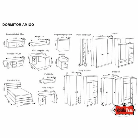 Dormitor Amigo, Modular Cu Pat Tapițat Și Dulap, PAL Melaminat, Gri picture - 8