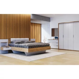 Dormitor Asti, cu pat 160x200 cm, dulap 4 uși, 2 noptiere, comoda 3 sertare, stejar-alb