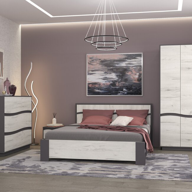 Set Dormitor Geneva Modular, PAL Laminat, 160x200 cm, Gri Grafit și Stejar Craft Alb